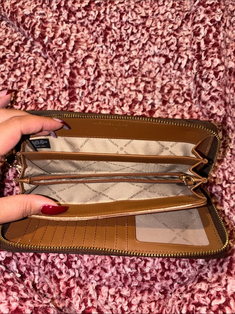 Michael Kors Brown Logo Zip Wristlet with Gold Hardware